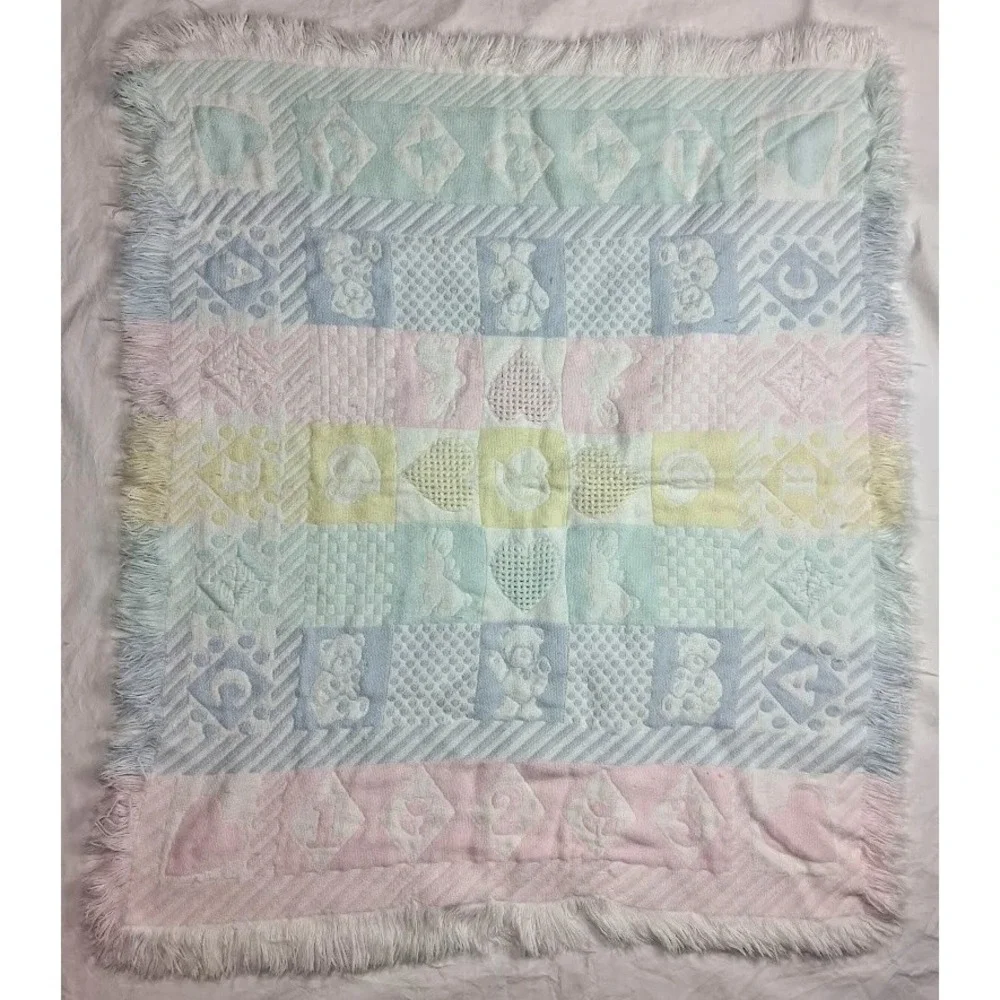 Vtg Pastel Tapestry Baby Blanket Fringe Pink‎ Blue Yellow Green Bear 1 2 3 A B C
